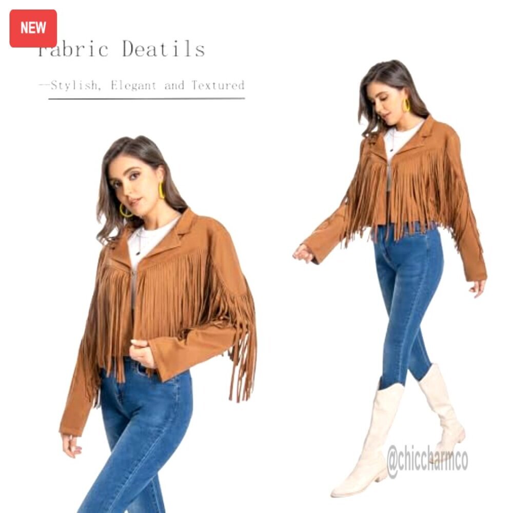 Faux Suede Leather Fringe Jacket Crop Moto Top Western Cowgirl - Picture 3 of 4